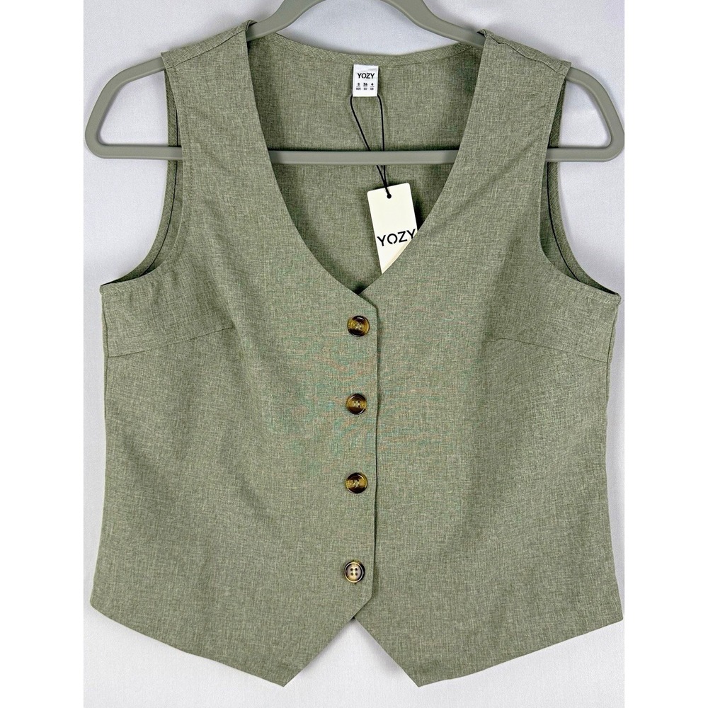 YOZY Womens Size 4 Vest Sage Green Heathered Button Front Tailored Waistcoat NWT